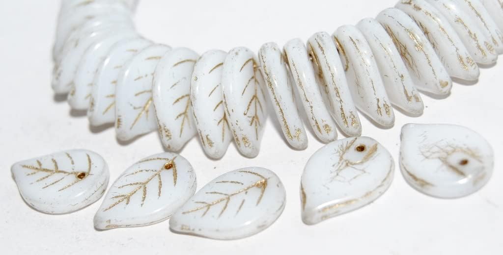 100 pcs Leaf Pressed Glass Beads, White 54202 (2010 54202), Glass, Czech Republic, Size 18 x 13 mm (0.71 x 0.51 in)
