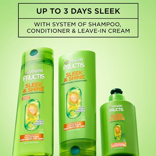 Image of Garnier Fructis Sleek & Shine Leave-In Conditioner Cream, Anti-Frizz Hair Treatment with Plant Keratin + Argan Oil, Controls Frizz and Provides Smoothness For Frizzy, Dry Hair, 10.2 Fl Oz (Pack of 2)