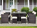 Merax 9 Piece Outdoor Patio Dining Wicker/Rattan Table, Cushioned Seating Chairs and Stools...