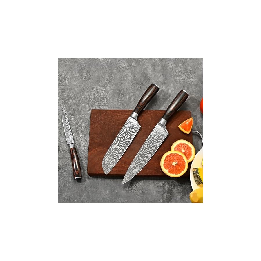 Professional Kitchen Chef Knife sets, Razor Sharp Premium High Carbon German Steel 3 pcs Knife Set, Ergonomic Forged Pakkawood Handle, Chef, Santoku & Utility Knife, With Premium Gift Box, for Family