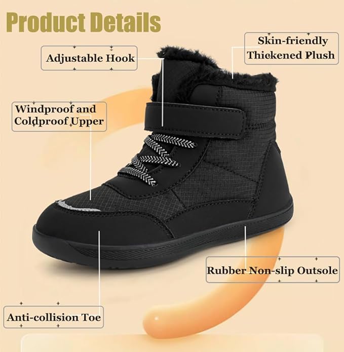 Toddler/Little Kids/Big Kids Waterproof High Top Winter Snow Boots,Girls Boys Wide Toe Box Barefoot Boots Shoes,Kids Minimalist Barefoot Hiking Shoes,Zero Drop Sole3