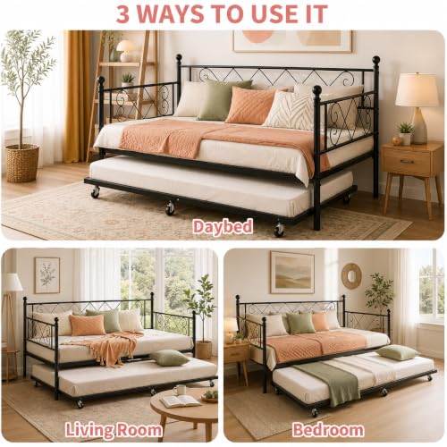 Image of Garvee Daybed with Trundle, Trundle Bed Twin with Heart-Shaped Headboard, Sturdy Metal Sofa Bed, Heavy-Duty Metal Bed Frame Support, for Living Rooms, Bedrooms, and Guest Rooms, Easy Assembly