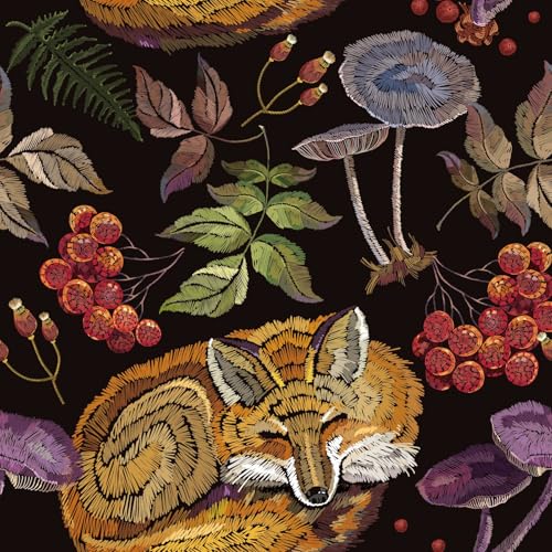Animals Wallpaper Peel and Stick Self Adhesive Dark Black Watercolor Vivid Botanical fox Fruit Mushroom Cherry Leaf Contact Paper Removable Waterproof for Bedroom Renter friendly 17.71"x118.1"