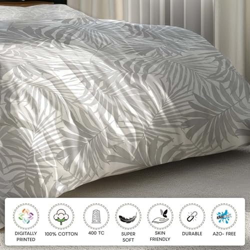 Image of LANE LINEN 400TC Morrison Bloom Super King Size Bedsheet with 4 Pillow Cases | 100% Cotton Digital Print Bedding Set (2.74 M x 2.74 M) | Modern Floral Pattern for Luxurious Comfort (Grey Leafs)