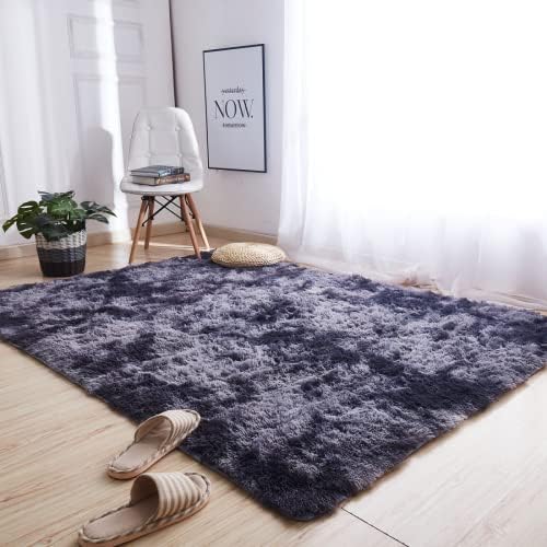 ADMEE Area Rug Bedroom, 160×230 cm(5.2 x 7.5 ft) Dark Blue Faux Fur Living Room Rug, Tie-Dye Shaggy Anti-Slip Washable Rug, Soft Modern Indoor Carpet, Floor Mats Home Decor