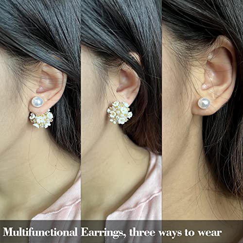 Shell Flower Pearl Earrings Ball Pearl Double Sided Stud Front Back Earrings For Women Girls 14K Gold Plated Inlaid Created Zircon (A-Golden) #TOP2