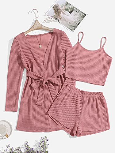 Milumia Women's 3 Piece Waffle Pajama Set With Robe Cami Top And Shorts Loungewear Set Dusty Pink Small #TOP4