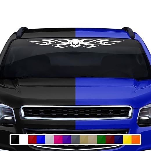 Sticky Creations Design #116-02 Skull Tribal Flame Windshield Decal Sticker Vinyl Graphic Rear Back Window Banner Tailgate Car Truck SUV Van Trailer Vehicle Boat - 36"x4.25" - Silver Metallic