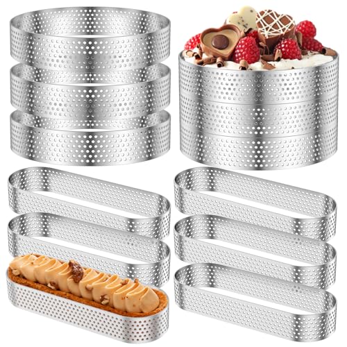 JUNFEIFLUX 12 Stück Cercle a Tarte Perforé, Lot de 6 Ø 10 cm Runde Cercle a Tarte & Lot de 6 Ovale Moule a Tartelette, Acier Inoxydable Tartelette