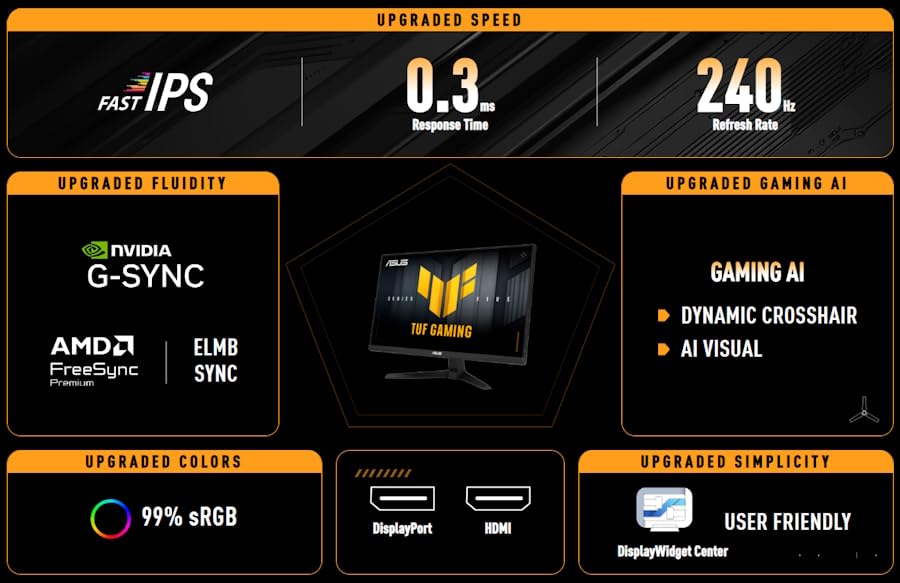 Image of ASUS TUF Gaming 27 inch FHD Monitor, 240Hz, 0.3ms, Fast IPS, G-SYNC Compatible, FreeSync Premium, Extreme Low Motion Blur Sync, 99% sRGB, DisplayPort& 2 x HDMI, Tilt Adjustment, Gaming AI, Black