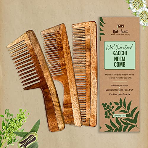 Nat Habit - Back To Natural Neem Comb, Wooden Comb, Hair Growth, For Men & Women, Treated With Neem Oil, Dual & Wide Teeth, 18-20Cm Length Brown