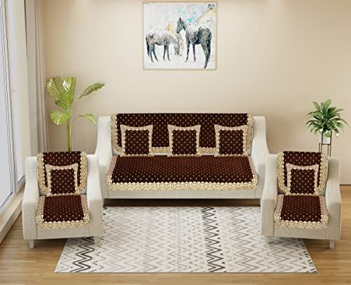 Image of Premium 5 Seater Printed Sofa Cover Set with Coushion Covers, 3,1,1 Seater 10 Pieces Sofa Back Slip Panels, Single Seater,Coffee (Pack of 11)
