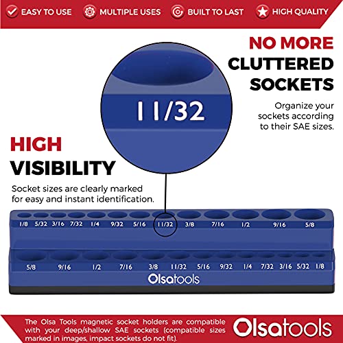 Image of Olsa Tools Magnetic Socket Organizer - 1 /4-Inch Drive SAE Socket Holder with Strong Magnets - Professional Tool Holder and Organizer - Stores up to 26 Sockets - Blue - Part: 1298