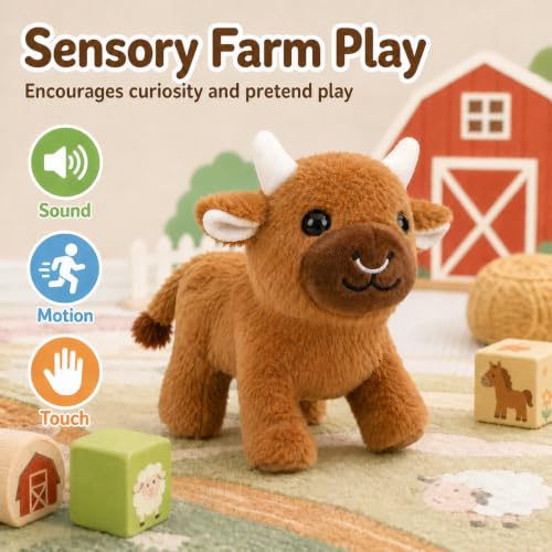 Walking Cow Plush Toy, Interactive Electronic Pet Plush Vaca Animal with Walking Motion Moo Sound, Soft Stuffed Cow Educational Gift for Toddler Kids Ages 3+ Boy Girl Preschool Birthday Holiday Brown - Image 3