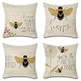 Faromily Happy Bee Quotes Throw Pillow Covers Bee Kind Floral Farmhouse Decorative Vintage Wood Home