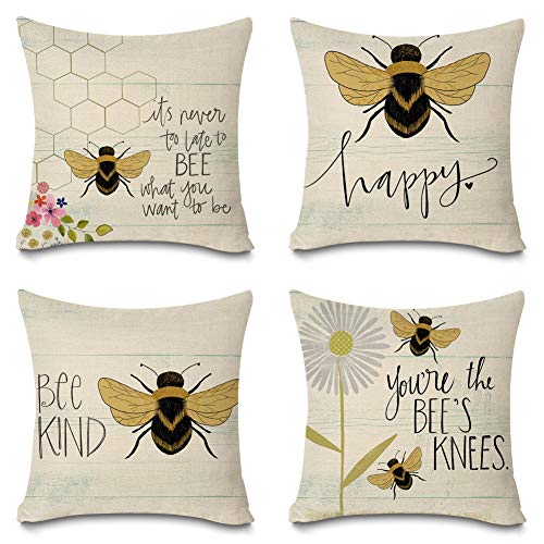 Faromily Happy Bee Quotes Throw Pillow Covers Bee Kind Floral Farmhouse Decorative Vintage Wood Home Decor Cushion Covers Cotton Linen 18 X 18 Inch Set Of 4 #TOP14