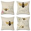 Happy Bee Quotes Throw Pillow Covers Bee Kind Floral Farmhouse Decorative Vintage Wood Home Decor Cushion Covers Cotton Linen 18 x 18 inch Set of 4