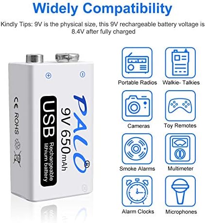 CITYORK USB 9V 650mAh Battery Rechargeable Li-ion with USB Cable for Keyboard Microphone Smoke Alarm (2 Pack USB Battery & 2 Cable)