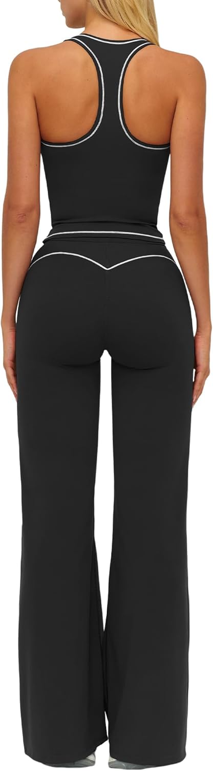 AGYMNX Women's Yoga Jogger Compression Contrast Tank Top Tummy Control Bell Bottom Flare Pants Leggings Running Outfits