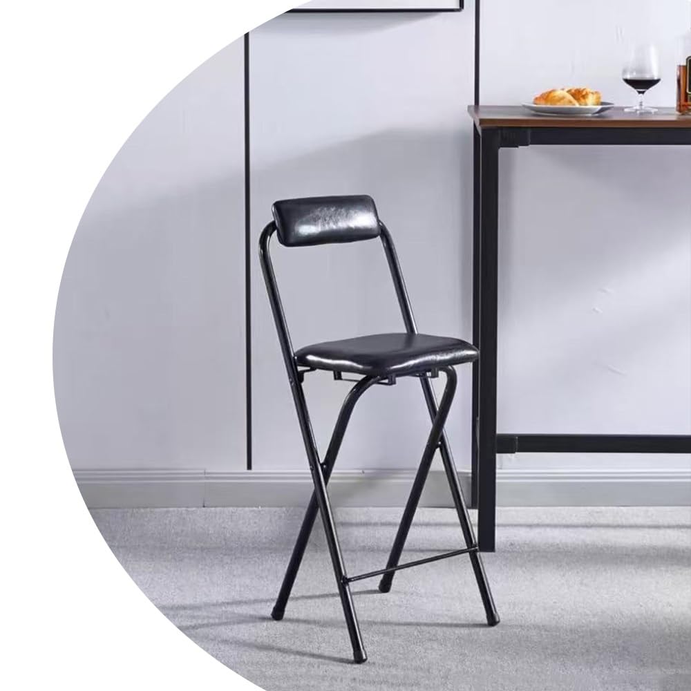 Silla Plegable con Respaldo, Taburete Alto Plegable De Acero, Taburete Plegable Alto para Barra, Silla De Cocina con Cojín De Cuero para Tienda, Café, Comedor(Black,55cm/21.6in)