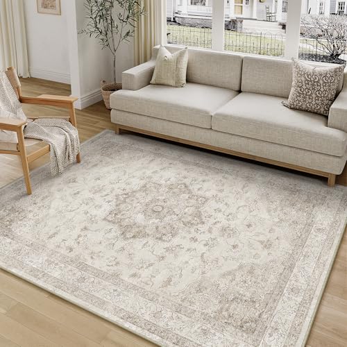 PureCozy Vintage Alfombra Salon 120x170cm Beige Habitacion Lavables en Lavadora Antideslizante Alfombras Sala Dormitorio Cocina Comedor Grande Carpet Pelo Corto Rug