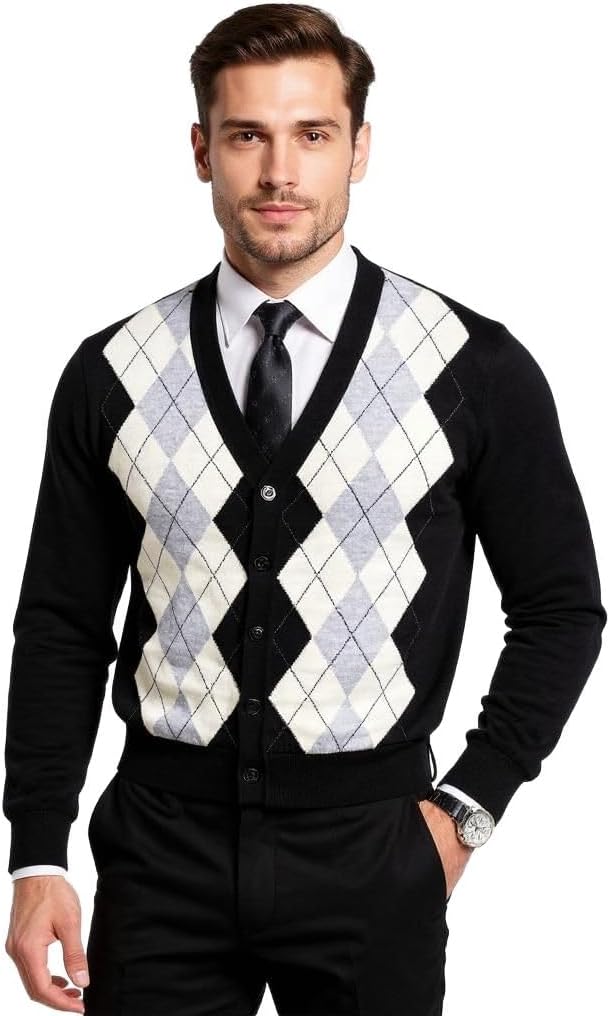 | Merino Wool Cardigan Sweater - Argyle Model | Woolmark Certified