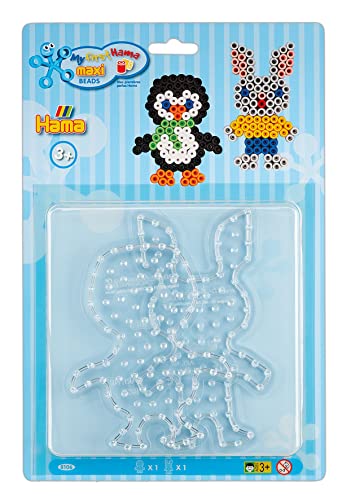 Hama Perlen 8106 Peg Plates Set of 2 for Maxi Ironing Beads with Diameter 10 mm, Penguin and Rabbit Motifs in Transparent, Creative Craft Fun for Children and Teenagers