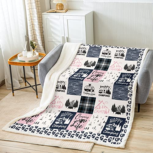 Kids Camping Car Sherpa Blanket For Boys Cute Rv Camper Fleece Blanket For Girls, Black Checkered Plaid Blanket Travel Trailers Patchwork Throw Blanket For Sofa, Rv Accessories Flannel Blanket #TOP1