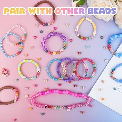 Gionlion 1200+Pcs Colorful Round 4x7mm Letter Beads for Bracelet Making, Acrylic Alphabet Beads for Jewelry Making, DIY Friendship Bracelets with Gold Letters on Colorful Beads - 5