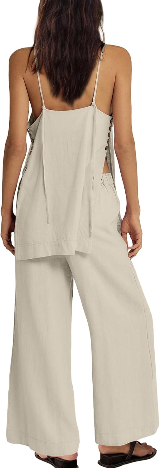 UNIANKIYA 2 Piece Sets for Women Summer Spaghetti Strap Tops and Linen Pants with Pockets Beach Vacation Clothes Casual - Image 3
