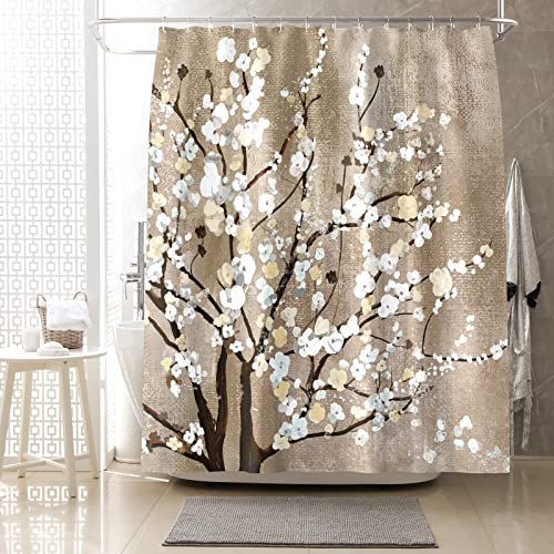Vcqpdee Flower Shower Curtain 72 X 72 Inches With 12 Hooks Tan Blossom Branches Shower Curtain Sets For Bathtub Bathroom Brown Abstract Floral Fabric Shower Curtains #TOP1