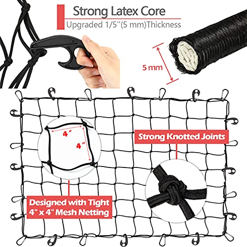 ZUOZE Natural Latex Core Cargo Net for Car SUV Roof Rack | 3'x4' Stretches to 6'x8' Small Bungee Net for Pickup Bed | 12 Carabiners + 12 Hooks | Tight 4”x4” Mesh for Ford, Dodge, Chevy, Toyota by ZUOZE - Image 7
