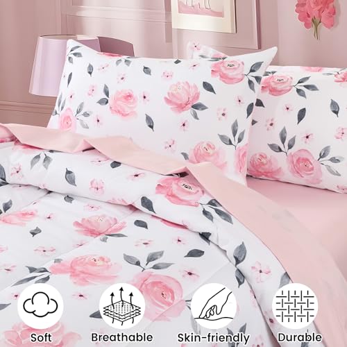 Image of PHF 5 Piece Kids Comforter Set, Ultra Soft Twin Size Comforter Sets Include Comforter, Fitted Sheet, Flat Top Sheet, Pillowcase, Sham for Girls, Floral Bed in A Bag for Baby Bedroom, Floral