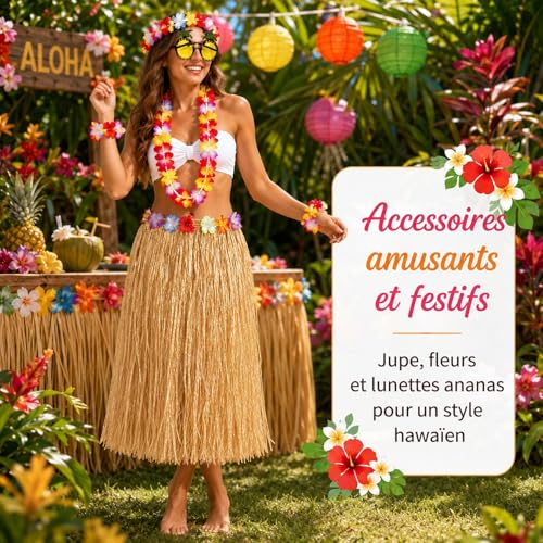 6 Pièces Tenue Hula Hawaïenne pour Femme, Costume de Fête et Carnaval, Composé de Collier Floral, Lunettes Ananas et Jupe en Paille, Accessoires pour Soirée Tropicale Luau, Plage et Anniversaire – vue 3