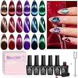 Beetles Cat Eye Gel Nail Polish Set, 6 Colors Glitter Gel Polish Kit Red Pink Shiny Brown Burgundy Purple Blue Green Magnetic Effect Sparkle Stunning Soak Off UV Manicure Gifts for Women