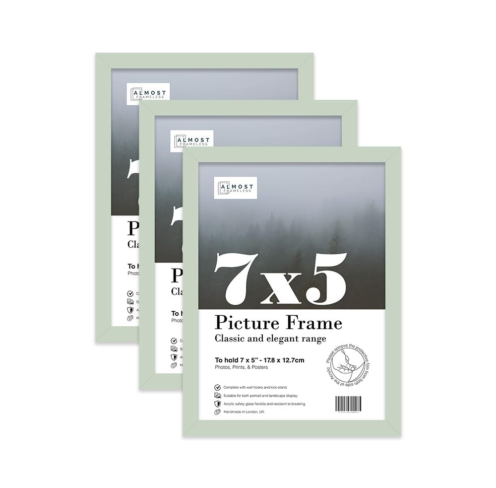 Almost Frameless 7x5 Mint Green Picture Frame Set of 3, Display 7x5 Picture Gallery Wall, Poster, Photo, Artwork, or Print, Yellow