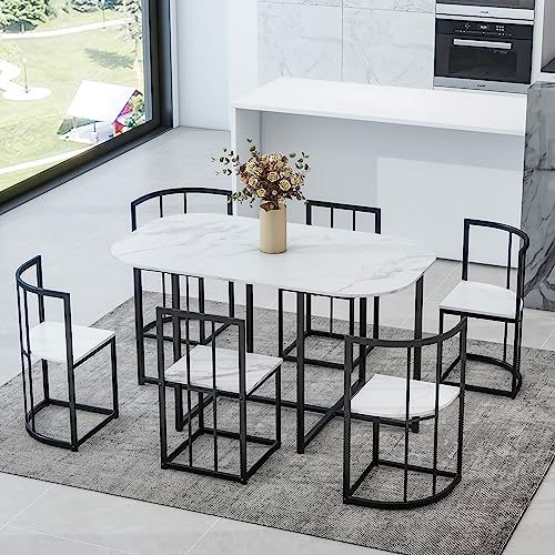Merax 7 Piece Kitchen Dining Table Set with Chairs for Saving Space Metal Kitchen Dining Room Table Set for 6 Persons, Black White
