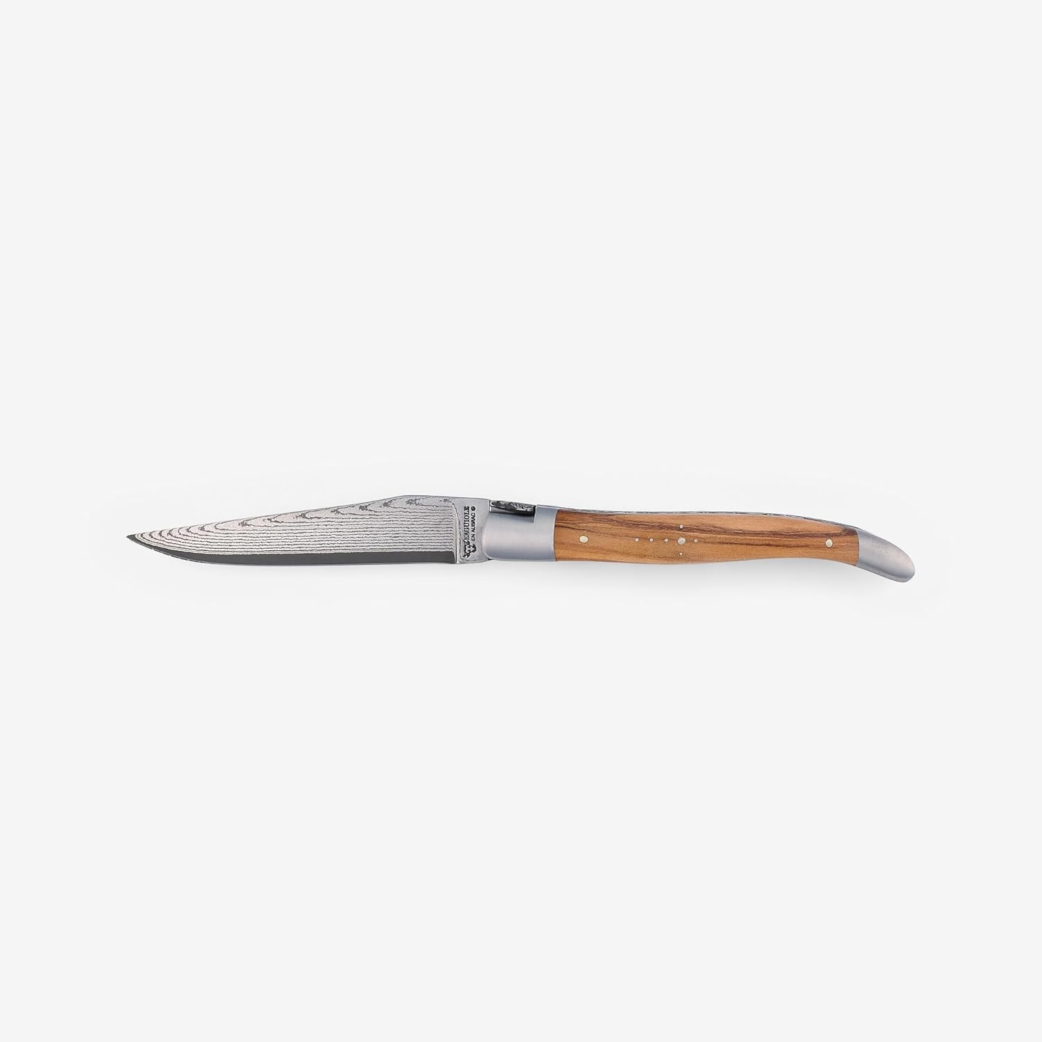 Laguiole en Aubrac Handcrafted Double Plates Folding Pocket Knife, 4.8-in (12cm), Olive Wood Handle, Damascus Blade, Stainless Steel Brushed Bolsters