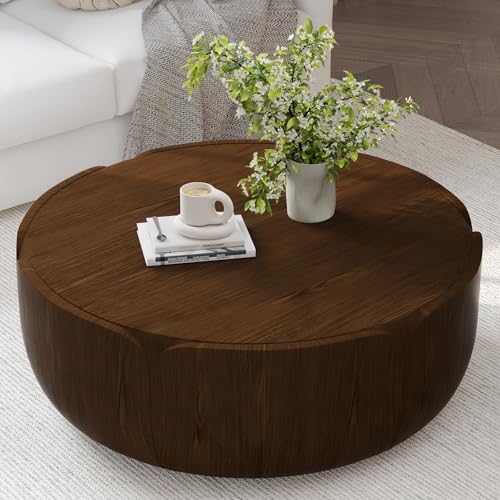 KEIKI Round MGO Outdoor Indoor Coffee Table, Mid Century Modern Side Table with Wide Pedestal & Tabletop, Waterproof Center Drink End Tables for Patio Garden Living Room, No Assembly Required, Walnut by KEIKI - Used condition - Image 5