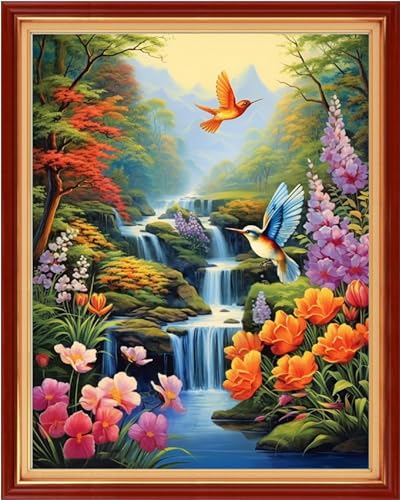 Image of Dimensean Stamped Cross Stitch Kits Full Range of Embroidery Patterns Starter Kits for Beginners Adult DIY Cross Stitches Needlepoint Kits 11CT-Colorful Flower Waterfall 16x20 inch