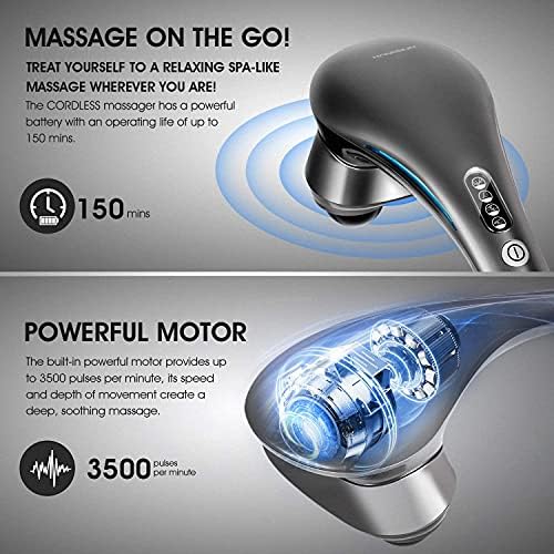 Hangsun Cordless Neck Back Masssger Handheld Deep Tissue Percussion Massage for Shoulder, Leg, Calf, Foot, Muscle Pain Relief MG700 Rechargeable Electric Double Head Full Body Massagers