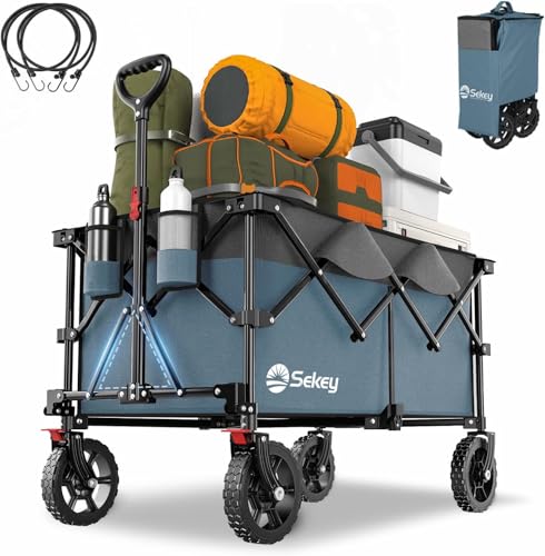 Sekey 200L Folding Festival Trolley with All-Terrain Wheels and Brake, Heavy-Duty Cart Loadable up to 150KG (330LBS), Patented Four-Directional Foldable Design, Wagon for Beach Camping, Blue&grey