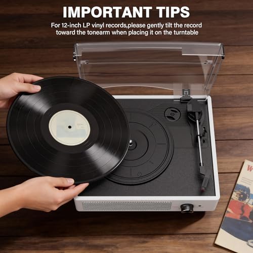 Image of Record Player with Speakers Vintage Belt-Driven Turntable Bluetooth 3 Speed 3 Size Wireless Playback AUX-in RCA Out Headphone LP Vinyl Players Auto Stop Fashion White