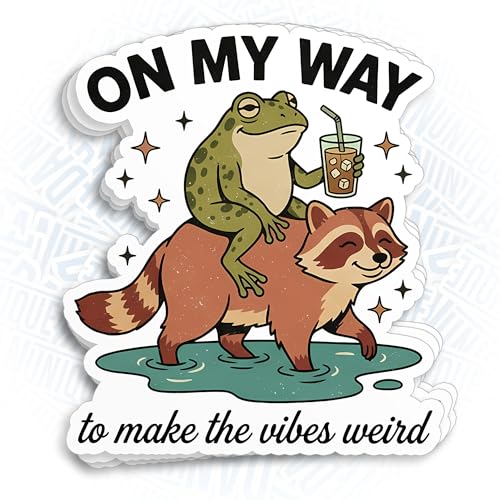 On My Way to Make The Vibe Weird Sticker Funny Frog Riding Raccoon Humor Animal Waterproof Vinyl Stickers Decals for for Cups Cars Laptop Window Bumper Door Truck Tumbler Decal
