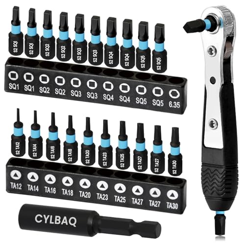 Image of CYLBAQ 22PCS Screwdriver Bit Set, 25mm Triangle Screwdriver Set TA12-30, Square Drive Bits #1,2,3,4,5 with 1/4" Bit Holder and Small Ratchet Set, S2 Steel Magnetic 1/4 Hex Impact Drill Bit Set