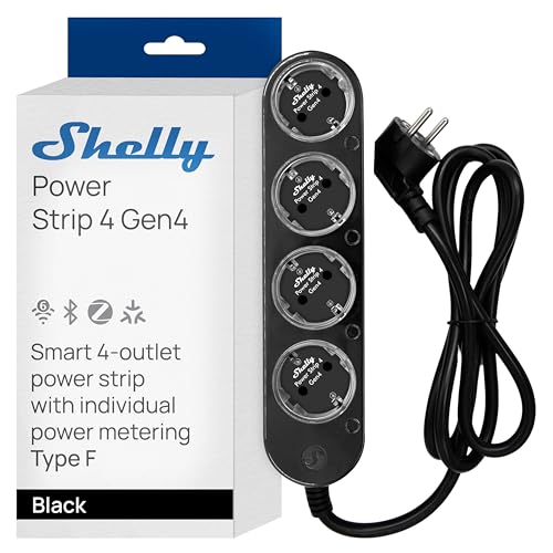 Shelly Listwa zasilająca Power Strip 4 Gen4 czarna – matowa listwa zasilająca Wi-Fi, 4-krotna inteligentna listwa zasilająca, pomiar mocy, 16 A, łącznie 3500 W, programator czasowy, Zigbee, Google