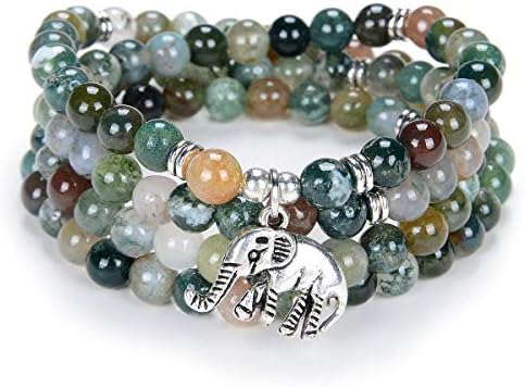 oasymala 108 Mala Quartz Beads Tiny Elephant Lucky Charm Wrap Bracelet Necklace Self Discovery Yoga Inspirational Jewelry (Indian Agate)