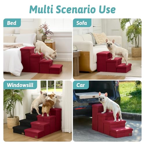 Image of Dog Stairs with Storage, 4-Step Wider Sturdy Dog Steps for Small /Medium /Large Dogs and Older Cats, Folding Doggie Ramp for Bed /Couch /Car Hold Up to 180 lbs (22 inch H, Burgundy)