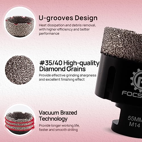 FOCSTOL Diamond Core Drill Bit - 55mm Diamond Hole Saw for Porcelain Ceramic Tile Marble Granite Quartz M14 Thread - Image 3