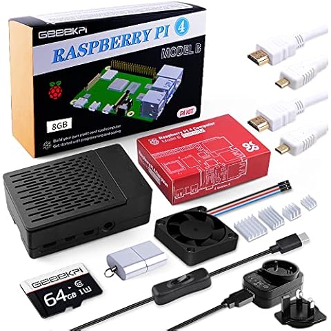 GeeekPi Raspberry Pi 4 8GB Starter Kit - 64GB Edition, Raspberry Pi 4 Case with PWM Fan, Raspberry Pi 5V 3A Power Supply with ON/Off Switch, HDMI Cable for Raspberry Pi 4B (8GB RAM) Cover